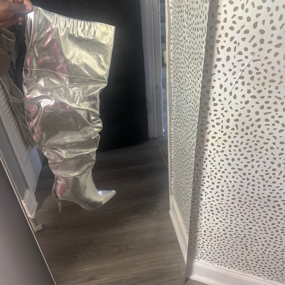 Silver baggy thigh boots